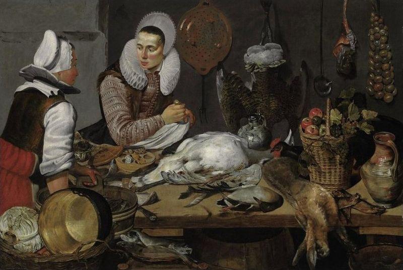 unknow artist A Kitchen Interior with a Maid and a Lady Preparing Game, oil on canvas painting attributed to Frans Hals, 1625-1630